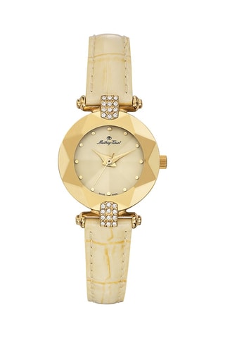 Relógio de quartzo em couro com cristais Swarovski Pyramide - Dourado