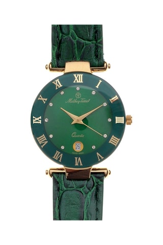 Relógio de quartzo em couro com cristais Swarovski Coupole - Verde