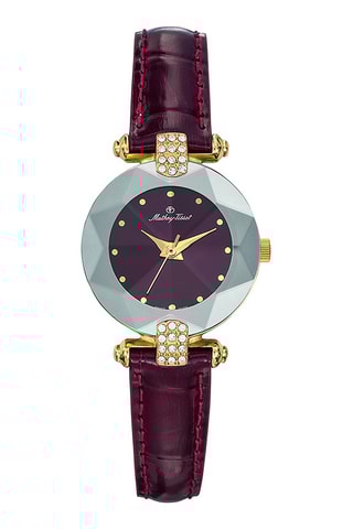 Relógio de quartzo em couro e com cristais Swarovski - Bordô e cinzento