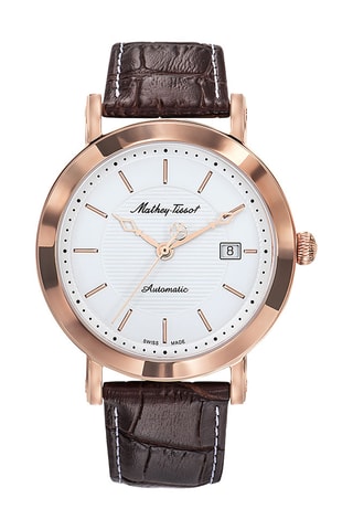 Relógio automático de couro e banhado a ouro rosa