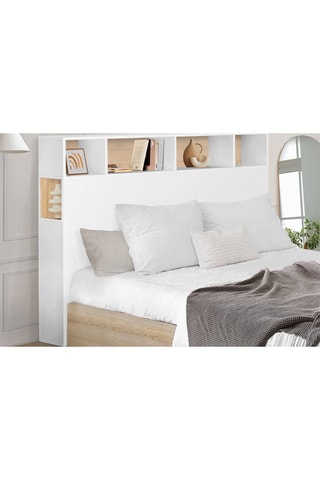 Cabeceira de cama com arrumações Léo - Imitação madeira e branco