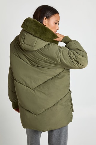 Lange gewatteerde jas met capuchon - Kaki