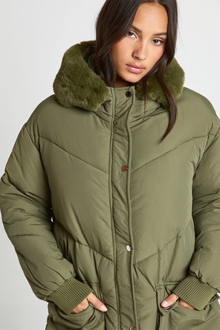 Lange gewatteerde jas met capuchon - Kaki