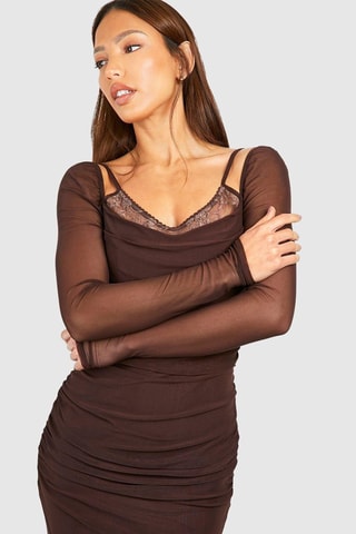 Abito effetto trompe-l’œil bimateriale - Marrone