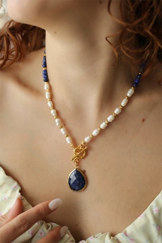 Ketting - Doublé Geelgoud, cultivéparels - lapis-lazuli