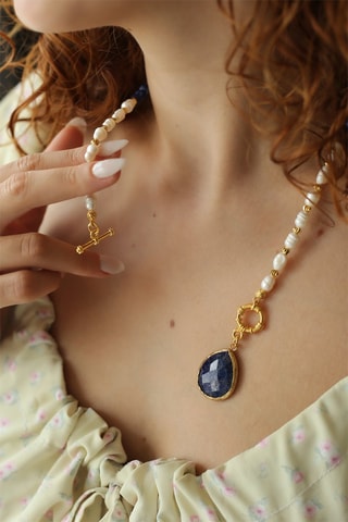 Ketting - Doublé Geelgoud, cultivéparels - lapis-lazuli