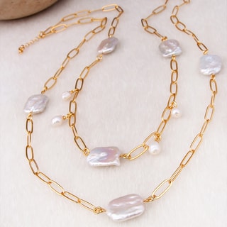 Ketting - Messing Doublé Goud, Parelmoer en Parel 