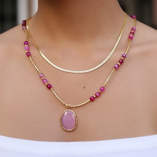 Ketting - Messing Doublé Goud en Rozenkwarts 