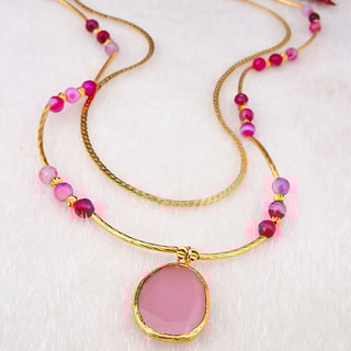 Ketting - Messing Doublé Goud en Rozenkwarts 