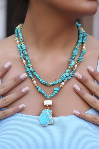 Ketting - Verguld Metaal Turkoois en Cultivéparel