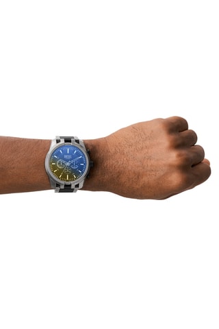 Montre à quartz en cuir et acier - Chronographe - Noir et argenté