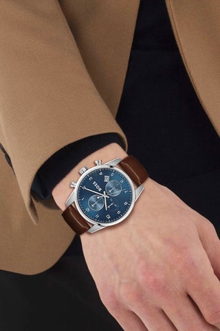 Montre à quartz en cuir - Chronographe - Marron et argenté