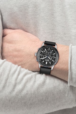 Montre à quartz solaire en cuir - Chronographe et tachymètre - Noir