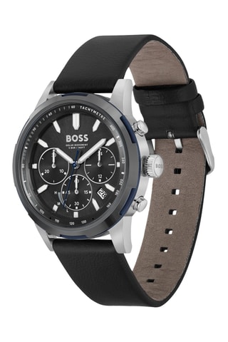 Montre à quartz solaire en cuir - Chronographe et tachymètre - Noir