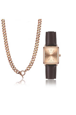 Set Doublé Roségoud en Diamanten Ion Quartz Leren Horloge en Ketting Florence