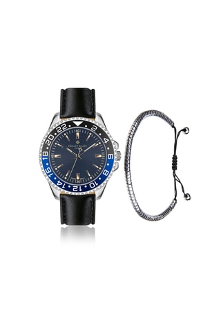 Set Doublé Zilver en Diamanten Ion en Leren Quartz Horloge en Leren Horlogeband Olympe