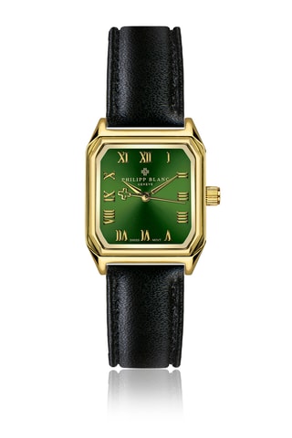 Leren en Doublé Zilver Ion Quartz Horloge met Diamant Olympe