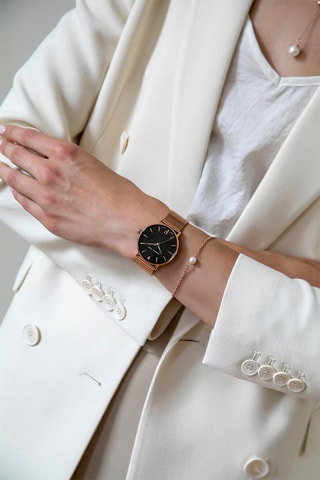 Set Stalen Quartz Horloge, diamant en armband van fijne parels Naomi