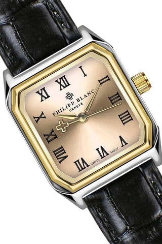 Leren en Doublé Zilver Ion Quartz Horloge met Diamant Olympe