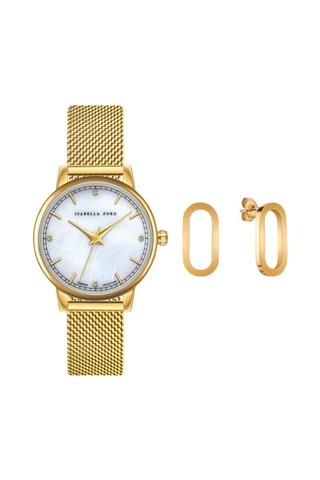 Set Stalen Quartz Horloge, parelmoer, diamanten en oorbellen Capri