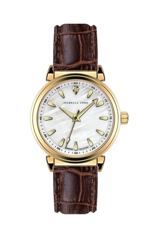 Leren Quartz horloge met diamant en parelmoer Barbara Bruin en Goudkleurig