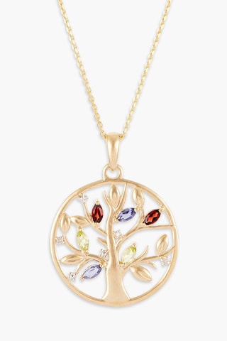 Hanger Levensboom - Geelgoud, Diamanten, Granaten, Iolieten en Peridoten