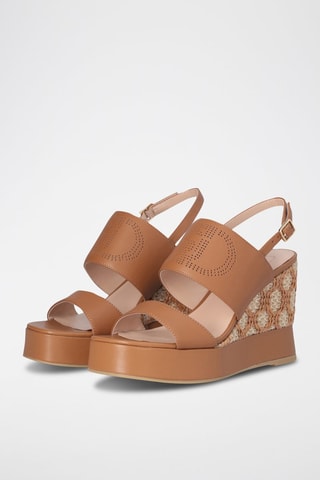 Sandales compensées en cuir Karen - Beige et argenté