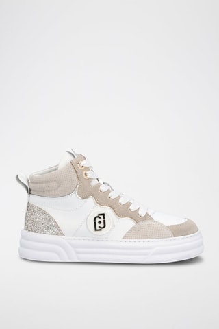 Sneakers montantes en cuir plateformes Cléo - Blanc, doré et gris