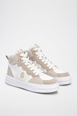 Sneakers montantes en cuir plateformes Cléo - Blanc, doré et gris