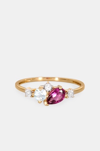 Anello - Oro giallo 18 kt, diamanti, topazio e rodolite