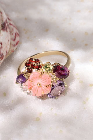 Bague Jardin Anglais - Or rose, améthyste, grenat, péridot, rhodolite, topazes et nacre