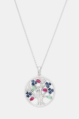 Pendentif Arbre à fleurs - Or blanc, diamants, saphir, rubis et émeraudes