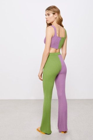 Pantalon flare taille haute Vert olive et mauve