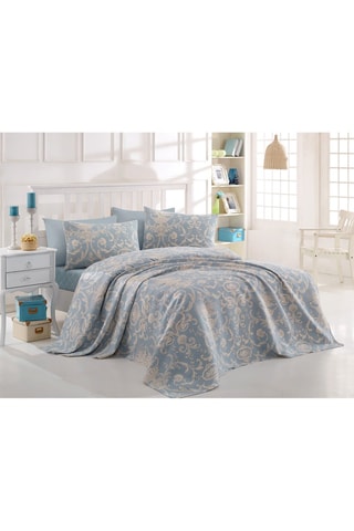 Conjunto colcha em algodão 55 fios/cm² - Azul e branco