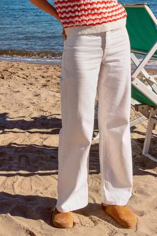 Calças de ganga largos de cintura subida em algodão biológico - Branco