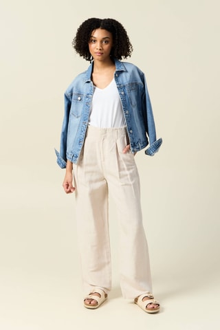 Calças largas de linho de cintura subida - Bege