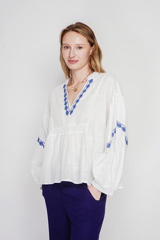Blouse en lin - Ciel - Blanc