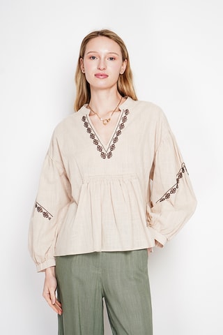 Blusa in lino - Celeste - Beige