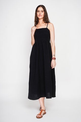 Robe midi en lin - Blanc - Noir