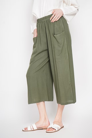 Brede Linnen Driekwart Broek Hoge Taille - Kaki