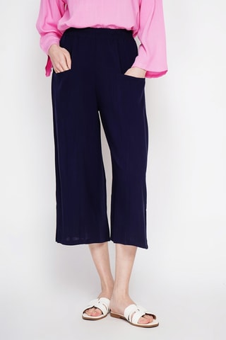 Brede Linnen Driekwart Broek Hoge Taille - Marineblauw