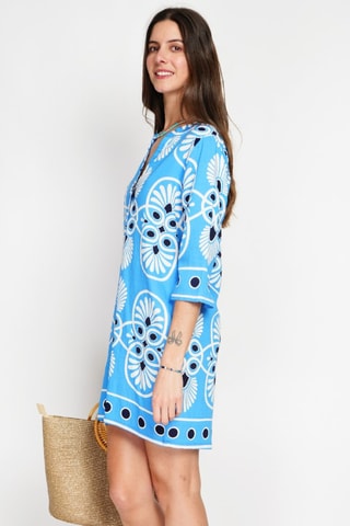 Linnen Midi-jurk - Wit, zwart en blauw