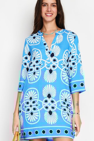 Linnen Midi-jurk - Wit, zwart en blauw