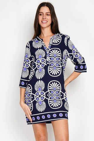 Robe midi en lin - Blanc, bleu et violet