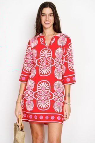 Robe midi en lin - Blanc, rouge et rose