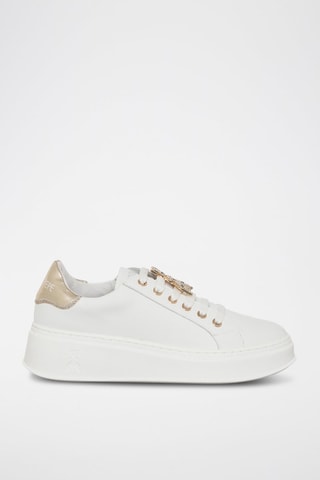 Baskets plateformes en cuir de veau - Blanc, noir, doré et gris