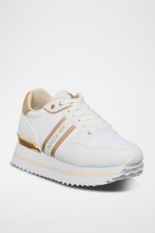 Baskets plateformes en cuir - Blanc, beige et doré