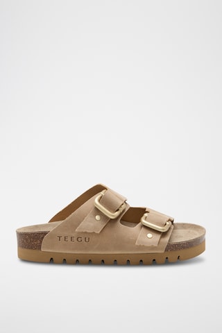 Mules com plataforma em couro - Bege