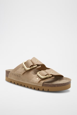 Mules com plataforma em couro - Bege