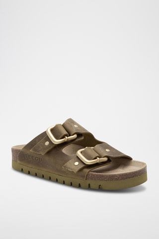 Mules com plataforma em couro - Caqui